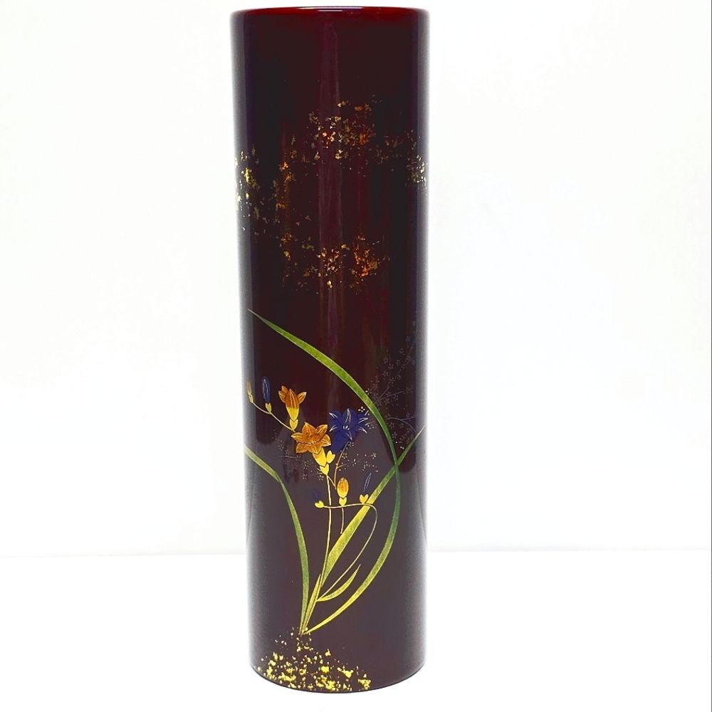 Japanese Wajima Brown Lacquer Bamboo Shaped Vase Floral Theme Vintage